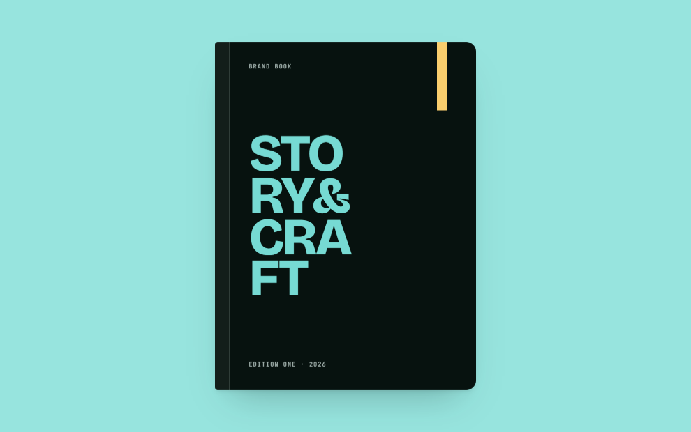 Brand book cover, Story & Craft wordmark in Polynya on ink